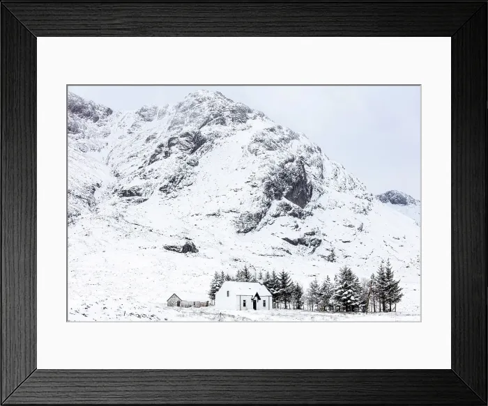 Framed Print : Lagangarbh Hut and Buachaille Etive Mor in winter, Rannoch Moor, Highland, Scotland Framed Print : Lagangarbh Hut and Buachaille Etive Mor in winter, Rannoch Moor, Highland, Scotland
