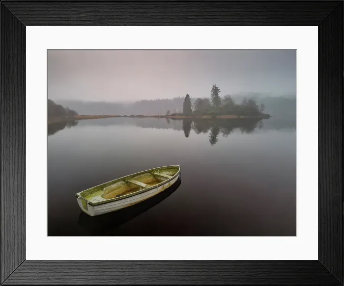 Framed Print : Boat on Loch Achray in Mist, Trossachs National Park, Central Region, Scotland Framed Print : Boat on Loch Achray in Mist, Trossachs National Park, Central Region, Scotland