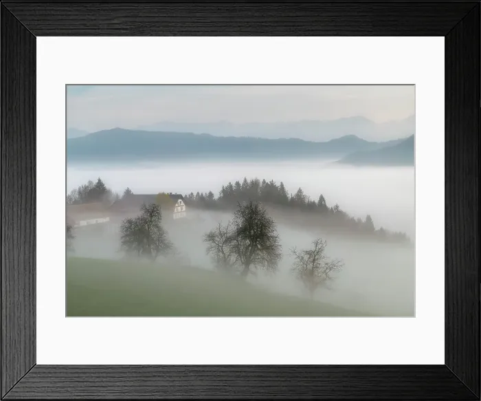 Framed Print : Morning Mist Around Farm, Skofja Loka, Slovenia, Europe Framed Print : Morning Mist Around Farm, Skofja Loka, Slovenia, Europe