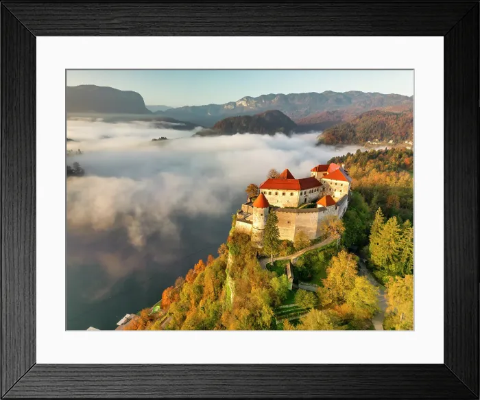 Framed Print : Mist over Lake Bled below Bled Castle, Bled, Slovenia, Europe Framed Print : Mist over Lake Bled below Bled Castle, Bled, Slovenia, Europe