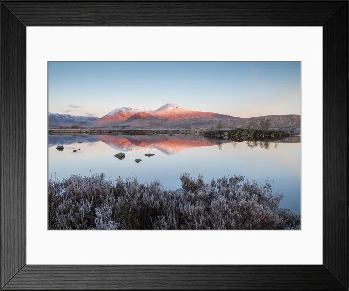 Framed Print : Black Mount reflected in Lochan na h-achlaise on a frosty morning on Rannoch Moor in the Scottish Highlands, Scotland. Spring (March) 2024
