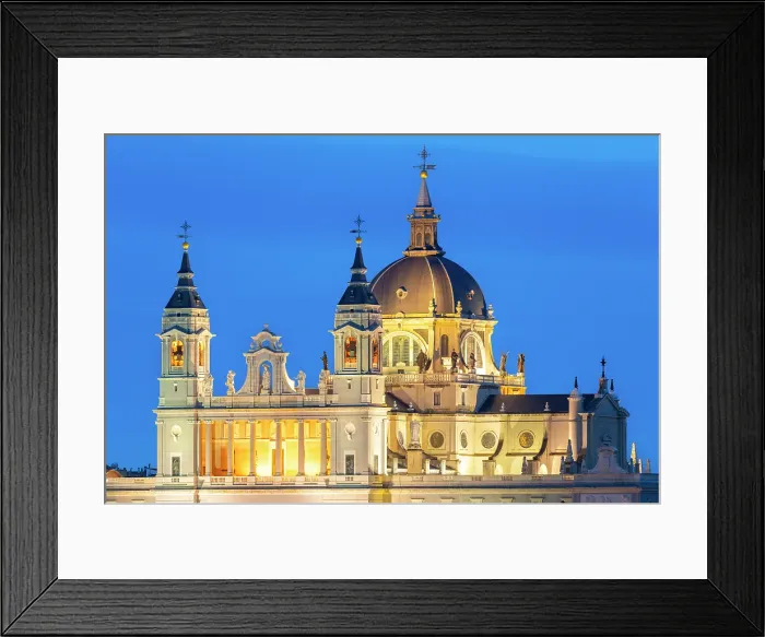Framed Print : Illuminated Almudena Cathedral seen from Principe Pio at twilight, Madrid, Spain Framed Print : Illuminated Almudena Cathedral seen from Principe Pio at twilight, Madrid, Spain