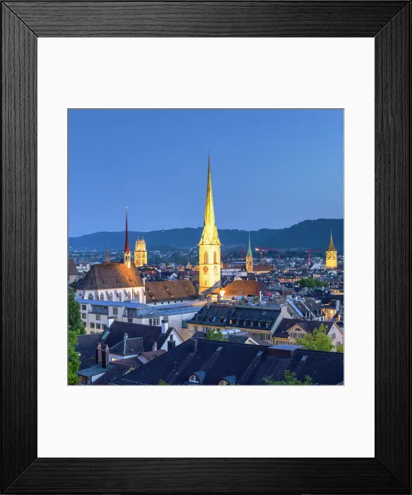 Framed Print : City skyline from Polyterrase at dusk, Zurich, Switzerland Framed Print : City skyline from Polyterrase at dusk, Zurich, Switzerland