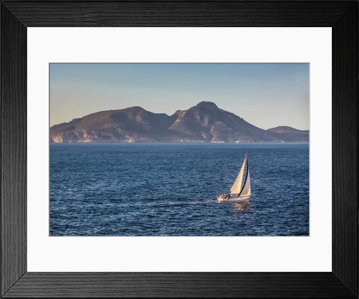 Framed Print : Sailboat in the evening light on the coast of Port d`Andratx, Mallorca, Balearic Islands, Spain