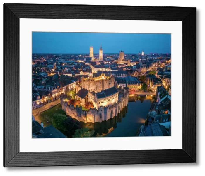 Framed Print : Aerial View over Gravensteen Castle at Night, Ghent, Belgiium Framed Print : Aerial View over Gravensteen Castle at Night, Ghent, Belgiium