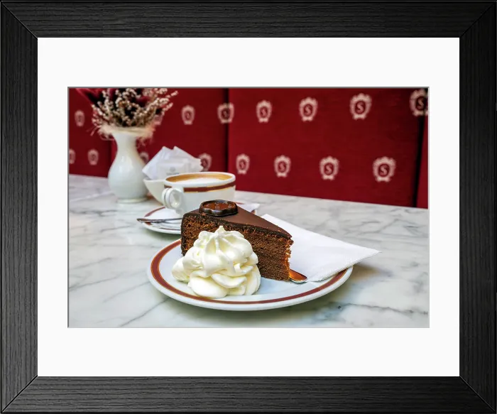 Framed Print : Portion of Sachertorte chocolate cake with whipped cream served at Cafe Sacher, Graz, Styria, Austria Framed Print : Portion of Sachertorte chocolate cake with whipped cream served at Cafe Sacher, Graz, Styria, Austria