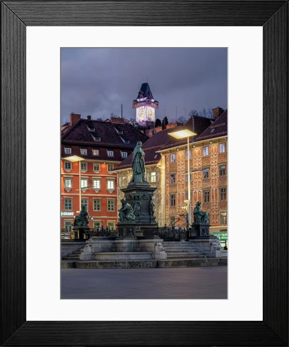 Framed Print : Hauptplatz and Schlossberg clock tower in the background, Graz, Styria, Austria Framed Print : Hauptplatz and Schlossberg clock tower in the background, Graz, Styria, Austria