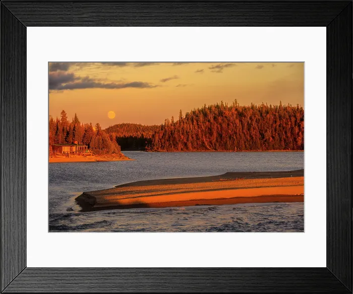Framed Print : Michipicoten River sandbar with rising harvest moon- supermoon, Lake Superior Provincial Park, Ontario, Canada