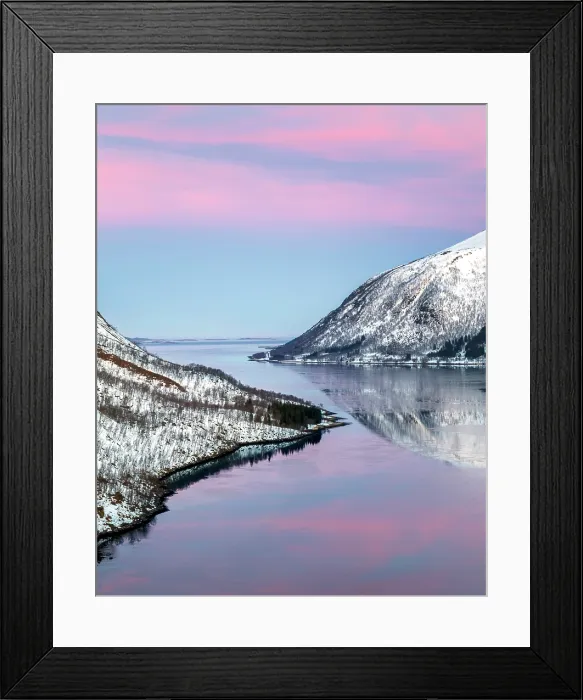 Framed Print : Snow-covered hills reflecting in Bergsfjord from theBergsbotn viewpoint, Senja, Troms county, Norway Framed Print : Snow-covered hills reflecting in Bergsfjord from theBergsbotn viewpoint, Senja, Troms county, Norway