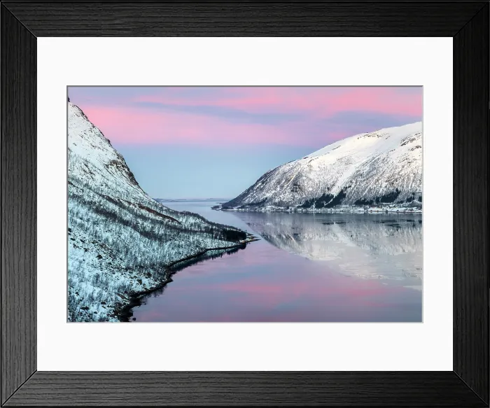 Framed Print : Snow-covered hills reflecting in Bergsfjord from theBergsbotn viewpoint, Senja, Troms county, Norway Framed Print : Snow-covered hills reflecting in Bergsfjord from theBergsbotn viewpoint, Senja, Troms county, Norway