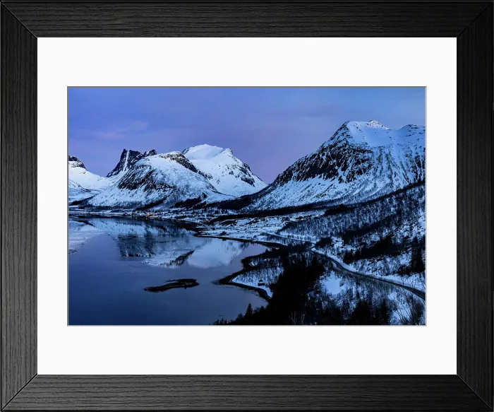 Framed Print : Snow-covered mountains reflecting in Bergsfjord from the Bergsbotn viewpoint, Senja, Troms county, Norway Framed Print : Snow-covered mountains reflecting in Bergsfjord from the Bergsbotn viewpoint, Senja, Troms county, Norway
