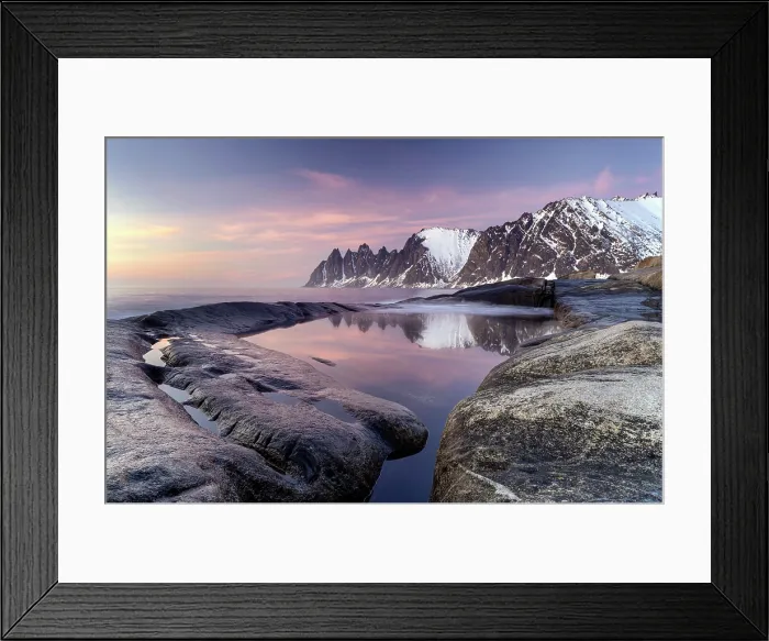 Framed Print : View along the coastline at dusk towrds the Devil's Teeth (Okshornan Peaks) in winter, Tungeneset, Senja Island, Norway Framed Print : View along the coastline at dusk towrds the Devil's Teeth (Okshornan Peaks) in winter, Tungeneset, Senja Island, Norway