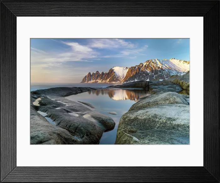 Framed Print : View along the coastline at sunset towrds the Devil's Teeth (Okshornan Peaks) in winter, Tungeneset, Senja Island, Norway Framed Print : View along the coastline at sunset towrds the Devil's Teeth (Okshornan Peaks) in winter, Tungeneset, Senja Island, Norway