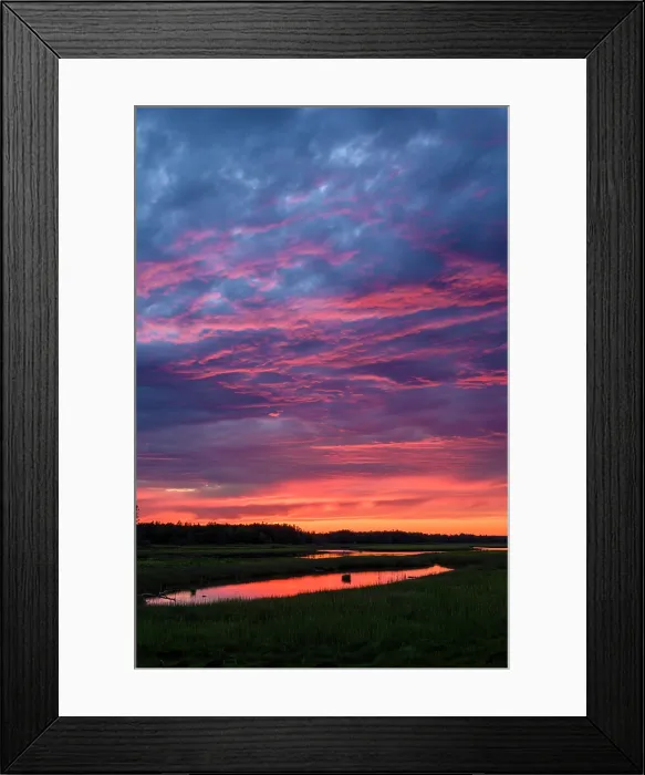 Framed Print : Sunset skies over a salt marsh, Beresford, New Brunswick, Canada Framed Print : Sunset skies over a salt marsh, Beresford, New Brunswick, Canada