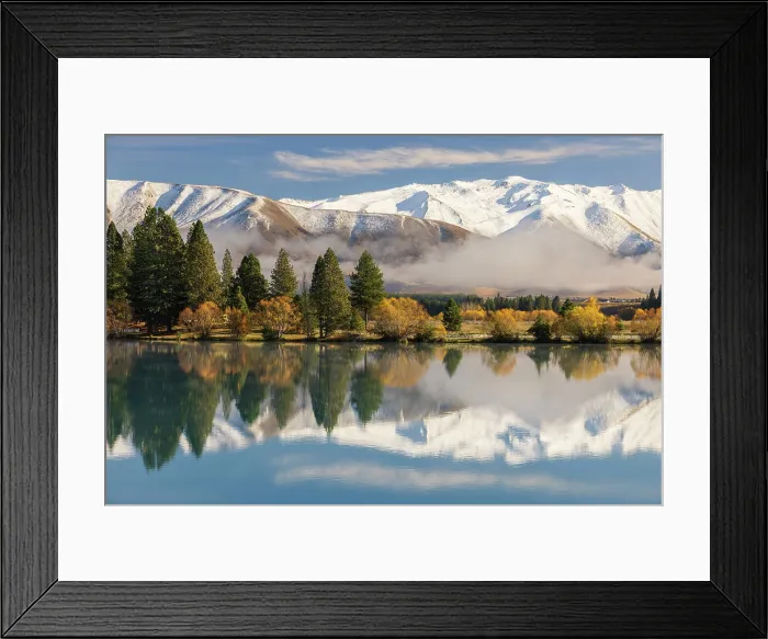 Framed Print : Snow capped mountains and autumnal colours at Lake Ruataniwha near Twizel, Canterbury, South Island, New Zealand. Autumn (May) 2025