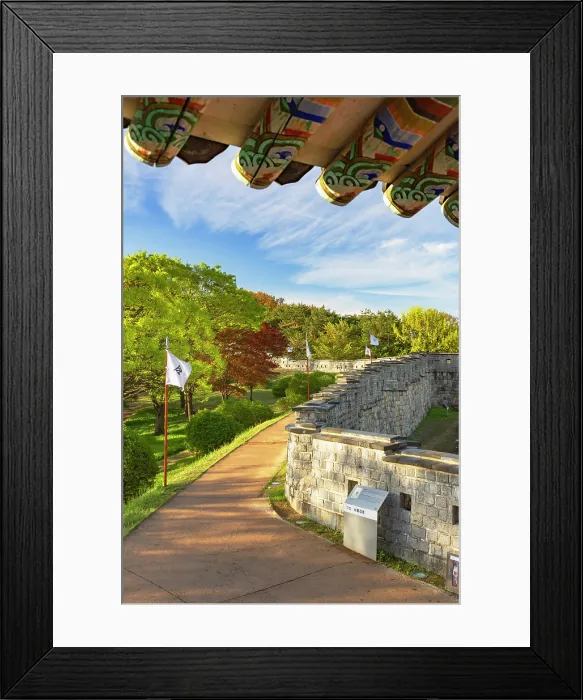 Framed Print : City walls from watchtower of Hwaseong Fortress (UNESCO World Heritage Site), Suwon, Gyeonggi Province, South Korea