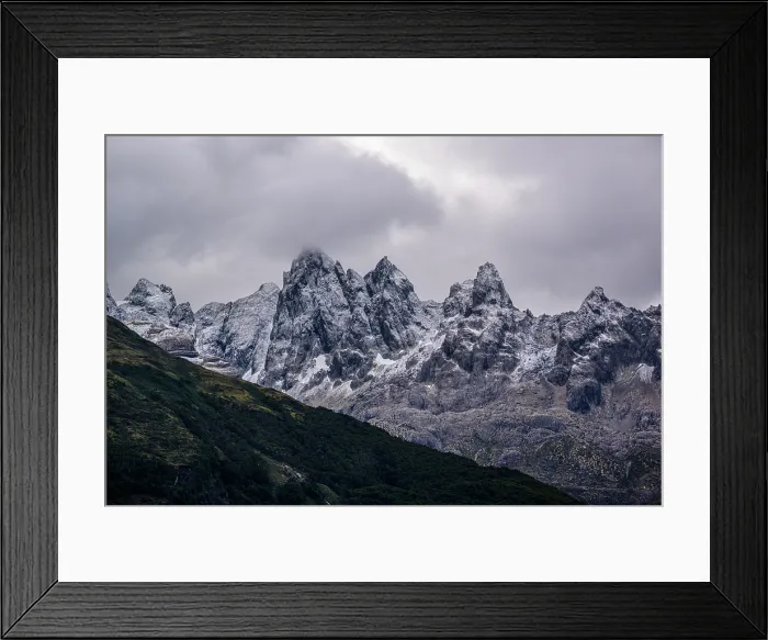 Framed Print : Fresh snow on the mountains in the Darwin Cordillera, Agostini Fjord, Alberto de Agostini National Park, Patagonia, Chile Framed Print : Fresh snow on the mountains in the Darwin Cordillera, Agostini Fjord, Alberto de Agostini National Park, Patagonia, Chile