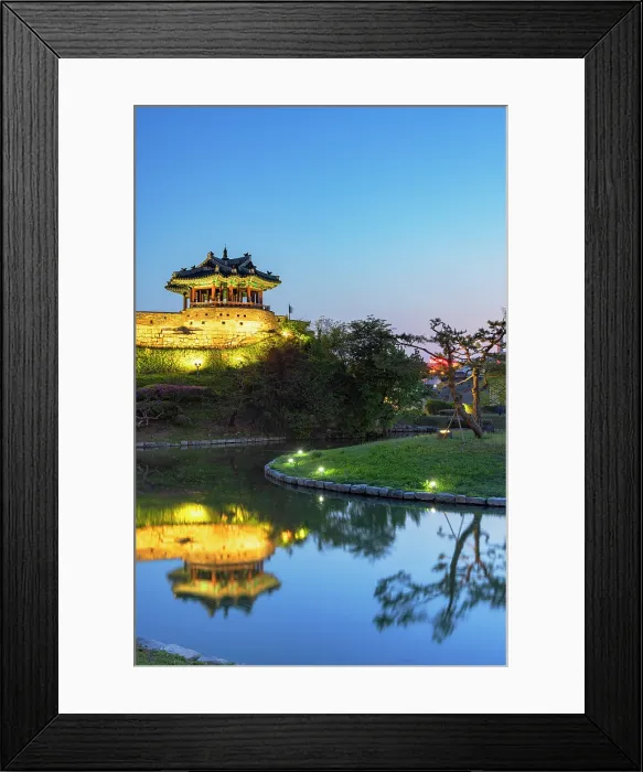 Framed Print : City walls and Banghwasuryujeong Pavilion of Hwaseong Fortress (UNESCO World Heritage Site) at dusk, Suwon, Gyeonggi Province, South Korea Framed Print : City walls and Banghwasuryujeong Pavilion of Hwaseong Fortress (UNESCO World Heritage Site) at dusk, Suwon, Gyeonggi Province, South Korea