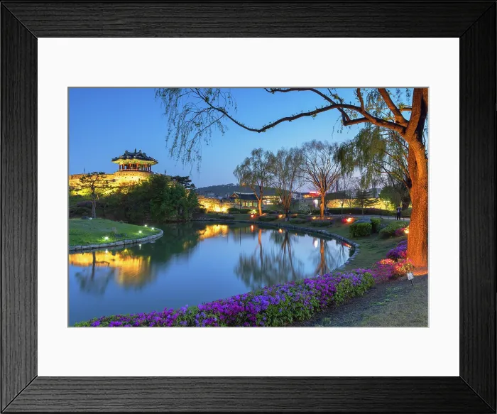 Framed Print : City walls and Banghwasuryujeong Pavilion of Hwaseong Fortress (UNESCO World Heritage Site) at dusk, Suwon, Gyeonggi Province, South Korea Framed Print : City walls and Banghwasuryujeong Pavilion of Hwaseong Fortress (UNESCO World Heritage Site) at dusk, Suwon, Gyeonggi Province, South Korea
