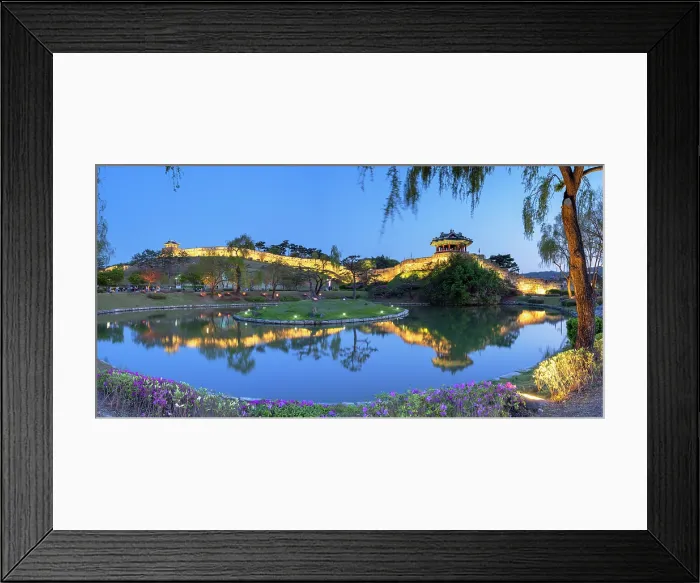 Framed Print : City walls and Banghwasuryujeong Pavilion of Hwaseong Fortress (UNESCO World Heritage Site)at dusk, Suwon, Gyeonggi Province, South Korea Framed Print : City walls and Banghwasuryujeong Pavilion of Hwaseong Fortress (UNESCO World Heritage Site)at dusk, Suwon, Gyeonggi Province, South Korea