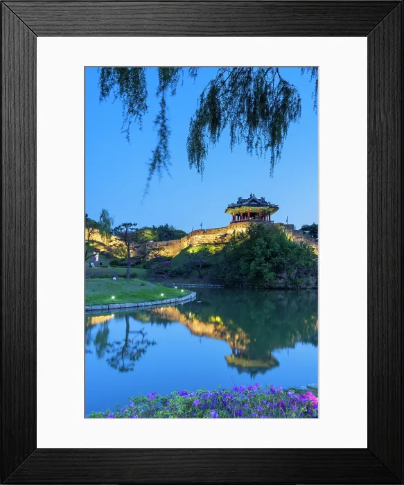 Framed Print : City walls and Banghwasuryujeong Pavilion of Hwaseong Fortress (UNESCO World Heritage Site) at dusk, Suwon, Gyeonggi Province, South Korea Framed Print : City walls and Banghwasuryujeong Pavilion of Hwaseong Fortress (UNESCO World Heritage Site) at dusk, Suwon, Gyeonggi Province, South Korea