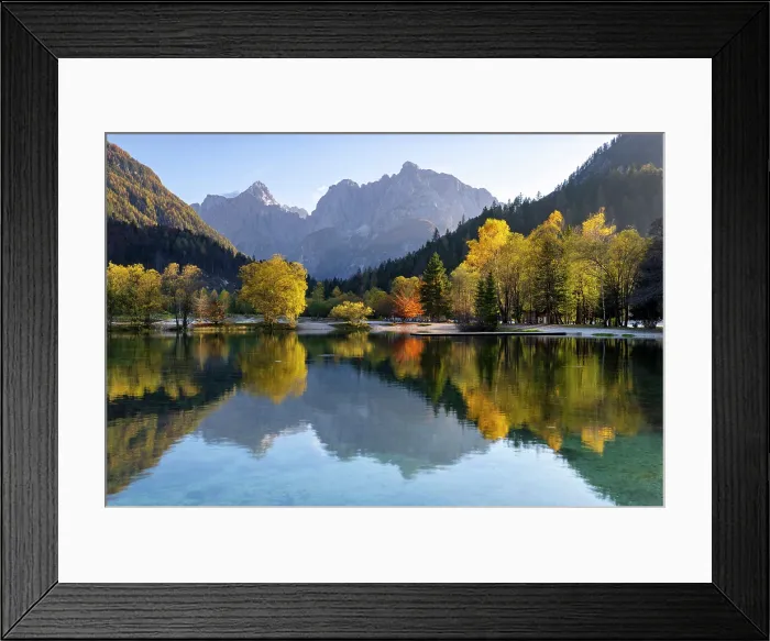 Framed Print : Julian Alps and trees reflecting in Lake Jasna in autumn, near Kranjska Gora, Slovenia Framed Print : Julian Alps and trees reflecting in Lake Jasna in autumn, near Kranjska Gora, Slovenia