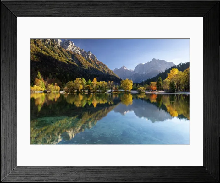 Framed Print : Julian Alps and trees reflecting in Lake Jasna in autumn, near Kranjska Gora, Slovenia Framed Print : Julian Alps and trees reflecting in Lake Jasna in autumn, near Kranjska Gora, Slovenia