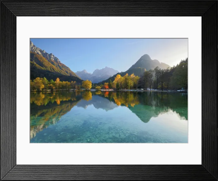Framed Print : Julian Alps and trees reflecting in Lake Jasna in autumn, near Kranjska Gora, Slovenia Framed Print : Julian Alps and trees reflecting in Lake Jasna in autumn, near Kranjska Gora, Slovenia