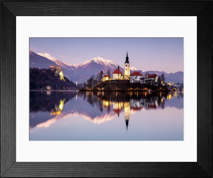 Framed Print : Church of the Assumption of the Blessed Virgin Mary, on Bled island, Lake Bled, at dusk in winter, with the Julian Alps in the distance, Bled, Slovenia Framed Print : Church of the Assumption of the Blessed Virgin Mary, on Bled island, Lake Bled, at dusk in winter, with the Julian Alps in the distance, Bled, Slovenia