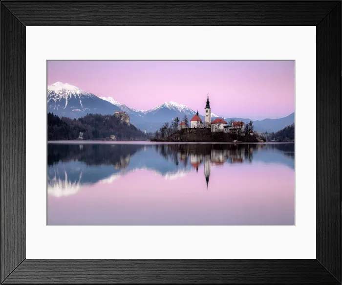 Framed Print : Church of the Assumption of the Blessed Virgin Mary, on Bled island, Lake Bled, at dusk, in winter, with the Julian Alps in the distance, Bled, Slovenia Framed Print : Church of the Assumption of the Blessed Virgin Mary, on Bled island, Lake Bled, at dusk, in winter, with the Julian Alps in the distance, Bled, Slovenia