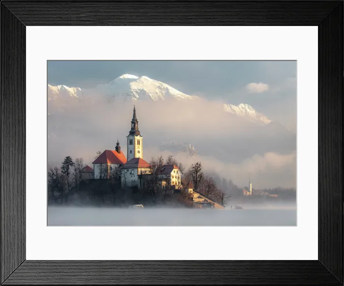 Framed Print : Church of the Assumption of the Blessed Virgin Mary, on Bled island, Lake Bled, in winter, with the Julian Alps in the distance, Bled, Slovenia Framed Print : Church of the Assumption of the Blessed Virgin Mary, on Bled island, Lake Bled, in winter, with the Julian Alps in the distance, Bled, Slovenia