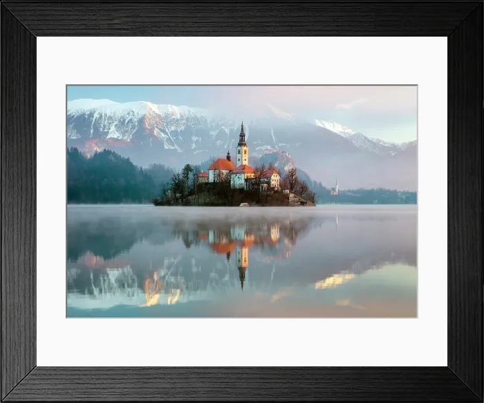 Framed Print : Church of the Assumption of the Blessed Virgin Mary, on Bled island, Lake Bled, in winter, with the Julian Alps in the distance, Bled, Slovenia Framed Print : Church of the Assumption of the Blessed Virgin Mary, on Bled island, Lake Bled, in winter, with the Julian Alps in the distance, Bled, Slovenia