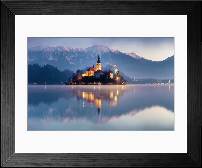 Framed Print : Church of the Assumption of the Blessed Virgin Mary, on Bled island, Lake Bled, at dawn, in winter, with the Julian Alps in the distance, Bled, Slovenia Framed Print : Church of the Assumption of the Blessed Virgin Mary, on Bled island, Lake Bled, at dawn, in winter, with the Julian Alps in the distance, Bled, Slovenia