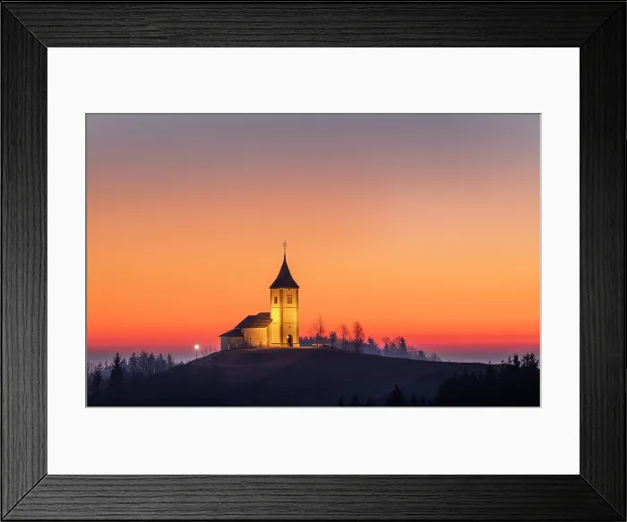 Framed Print : Church of St. Primoz and Felician against a red sky at dawn, in winter, Jamnik, Slovenia Framed Print : Church of St. Primoz and Felician against a red sky at dawn, in winter, Jamnik, Slovenia
