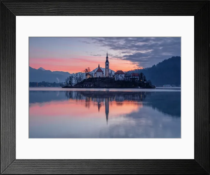 Framed Print : Church of the Assumption of the Blessed Virgin Mary, on Bled island, Lake Bled, at dawn, Bled, Slovenia Framed Print : Church of the Assumption of the Blessed Virgin Mary, on Bled island, Lake Bled, at dawn, Bled, Slovenia