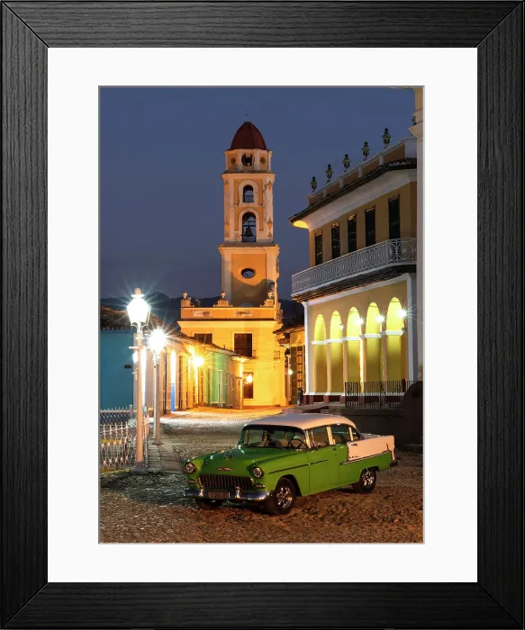 Framed Print : Restored old American car parked in Plaza Mayor with the belltower of the Convent of San Francisco, Trinidad, Sancti Spiritus Province, Cuba Framed Print : Restored old American car parked in Plaza Mayor with the belltower of the Convent of San Francisco, Trinidad, Sancti Spiritus Province, Cuba