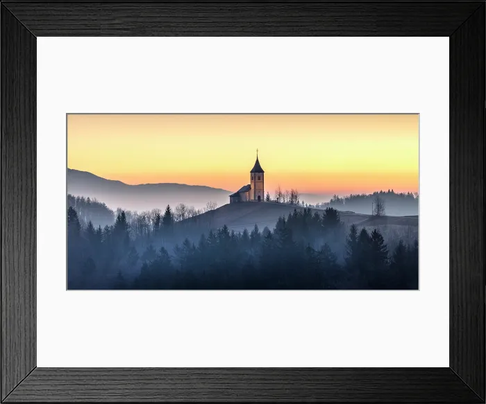 Framed Print : Church of St. Primoz and Felician against a golden sky at dawn, in winter, Jamnik, Slovenia Framed Print : Church of St. Primoz and Felician against a golden sky at dawn, in winter, Jamnik, Slovenia