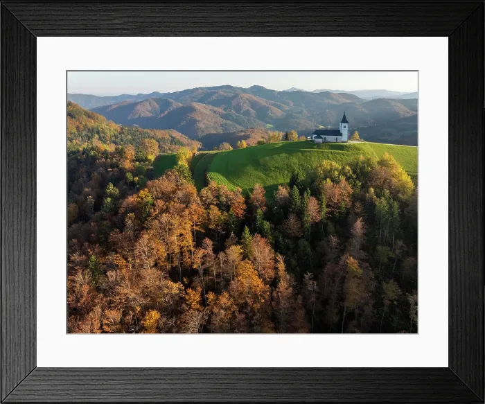 Framed Print : Aerial view of the Church of St. Primoz and Felician, in autumn Jamnik, Slovenia Framed Print : Aerial view of the Church of St. Primoz and Felician, in autumn Jamnik, Slovenia