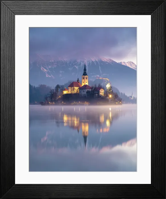 Framed Print : Church of the Assumption of the Blessed Virgin Mary, on Bled island, Lake Bled, in winter, with the Julian Alps in the distance, Bled, Slovenia Framed Print : Church of the Assumption of the Blessed Virgin Mary, on Bled island, Lake Bled, in winter, with the Julian Alps in the distance, Bled, Slovenia