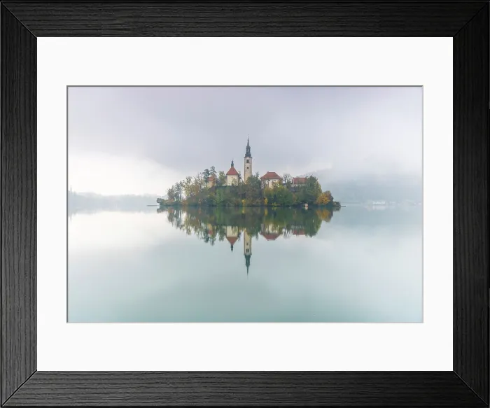 Framed Print : Church of the Assumption of the Blessed Virgin Mary, on Bled island, in misty weather, Lake Bled, Bled, Slovenia Framed Print : Church of the Assumption of the Blessed Virgin Mary, on Bled island, in misty weather, Lake Bled, Bled, Slovenia