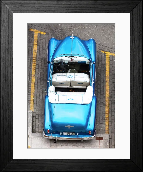 Framed Print : Aerial view of restored classic American car used to take tourists on city tours, Centro Habana, Havana, Cuba