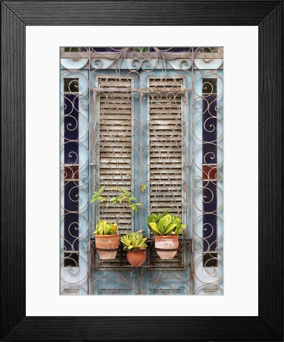 Framed Print : Blue window shutters and ornate iron gill, Cienfuegos, Cienfuegos Province, Cuba Framed Print : Blue window shutters and ornate iron gill, Cienfuegos, Cienfuegos Province, Cuba
