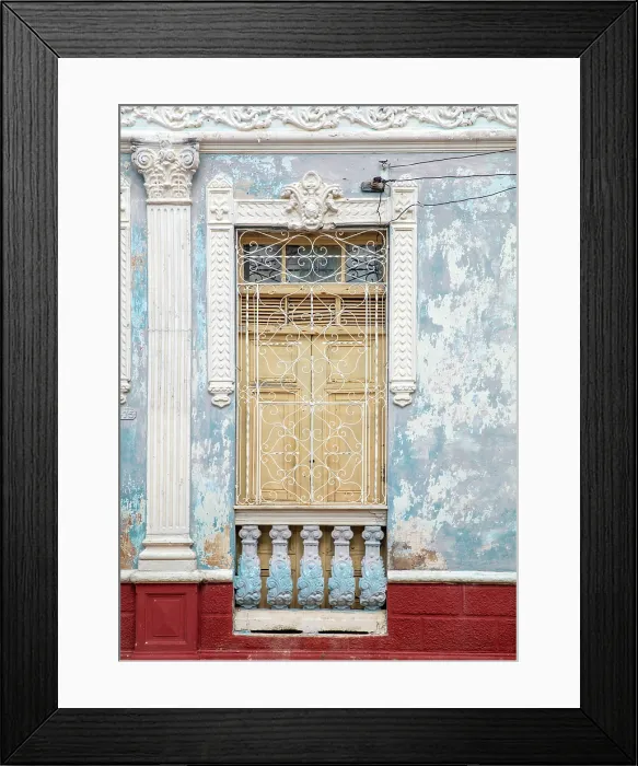 Framed Print : Wall of old colonial house, with columns and ornate iron window grill, Cienfuegos, Cienfuegos Province, Cuba