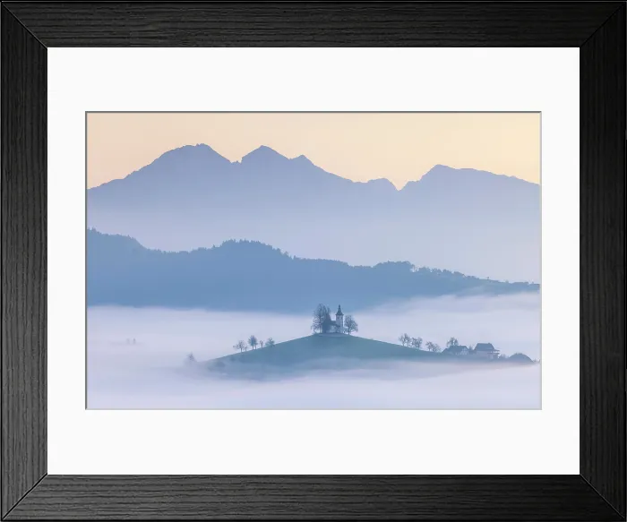 Framed Print : Church of St. Thomas and the Kamink Savinja Alps at sunrise, in autumn, Skofja Loka, Slovenia