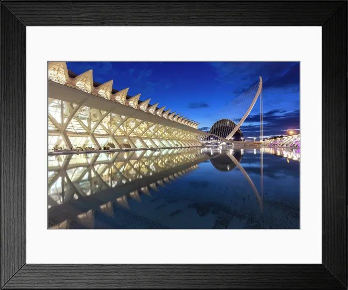 Framed Print : Floodlit view of the Ciudad de los artes y ciencias (City of Arts and Sciences) at dawn, Valencia, Spain Framed Print : Floodlit view of the Ciudad de los artes y ciencias (City of Arts and Sciences) at dawn, Valencia, Spain