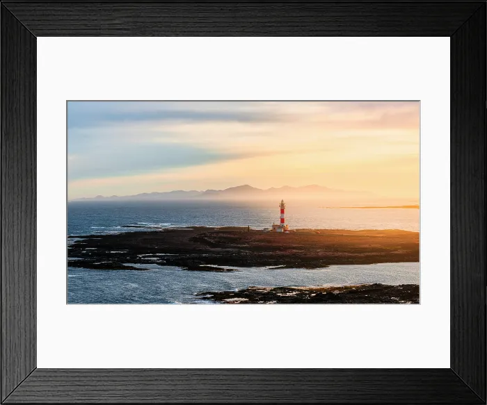 Framed Print : Aerial view of El Toston lighthouse in morning mist at dawn, El Cotillo, Fuerteventura, Canary Islands, Spain