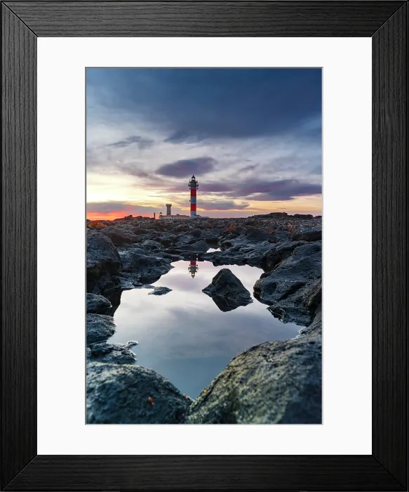 Framed Print : El Toston lighthouse reflected in the sea at sunrise, El Cotillo, Fuerteventura, Canary Islands, Spain Framed Print : El Toston lighthouse reflected in the sea at sunrise, El Cotillo, Fuerteventura, Canary Islands, Spain