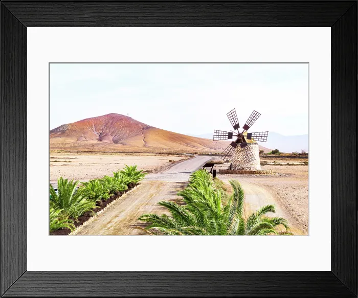 Framed Print : Aerial view of a stone mill surrounded by palm trees, Tefia, Fuerteventura, Canary Islands, Spain Framed Print : Aerial view of a stone mill surrounded by palm trees, Tefia, Fuerteventura, Canary Islands, Spain