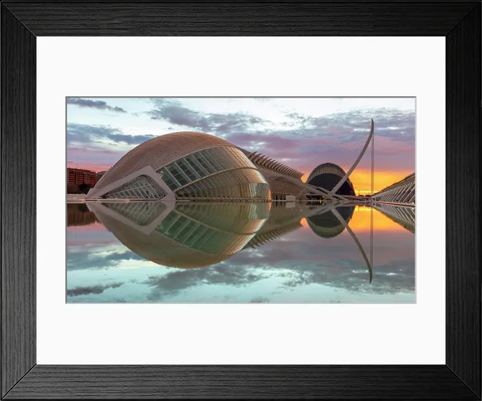 Framed Print : The Ciudad de los artes y ciencias (City of Arts and Sciences) reflecting in water, at sunrise, Valencia, Spain Framed Print : The Ciudad de los artes y ciencias (City of Arts and Sciences) reflecting in water, at sunrise, Valencia, Spain