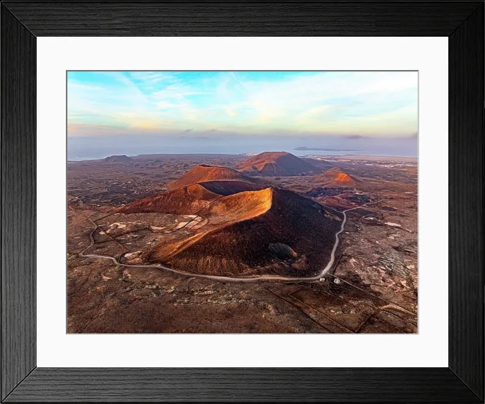 Framed Print : Aerial panoramic view of volcanoes in the barren landscape at sunset, Corralejo, Fuerteventura, Canary Islands, Spain Framed Print : Aerial panoramic view of volcanoes in the barren landscape at sunset, Corralejo, Fuerteventura, Canary Islands, Spain
